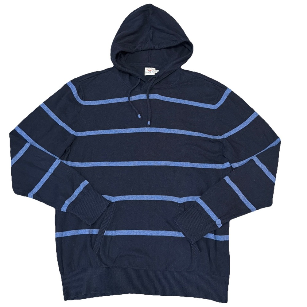 Faherty Men's XL Navy Blue Long Sleeve Striped Hoodie Front Pocket Cashmere